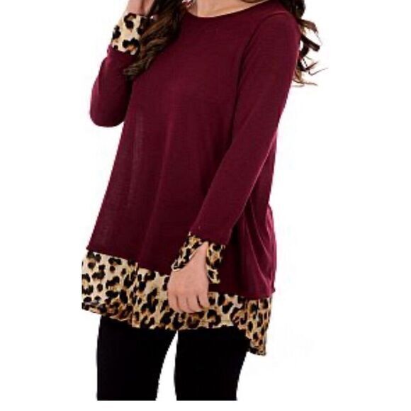 Reborn J Tops - Reborn J Burgundy Red Cheetah Print Hem‎ and Sleeve Cuffs 2XL Tunic